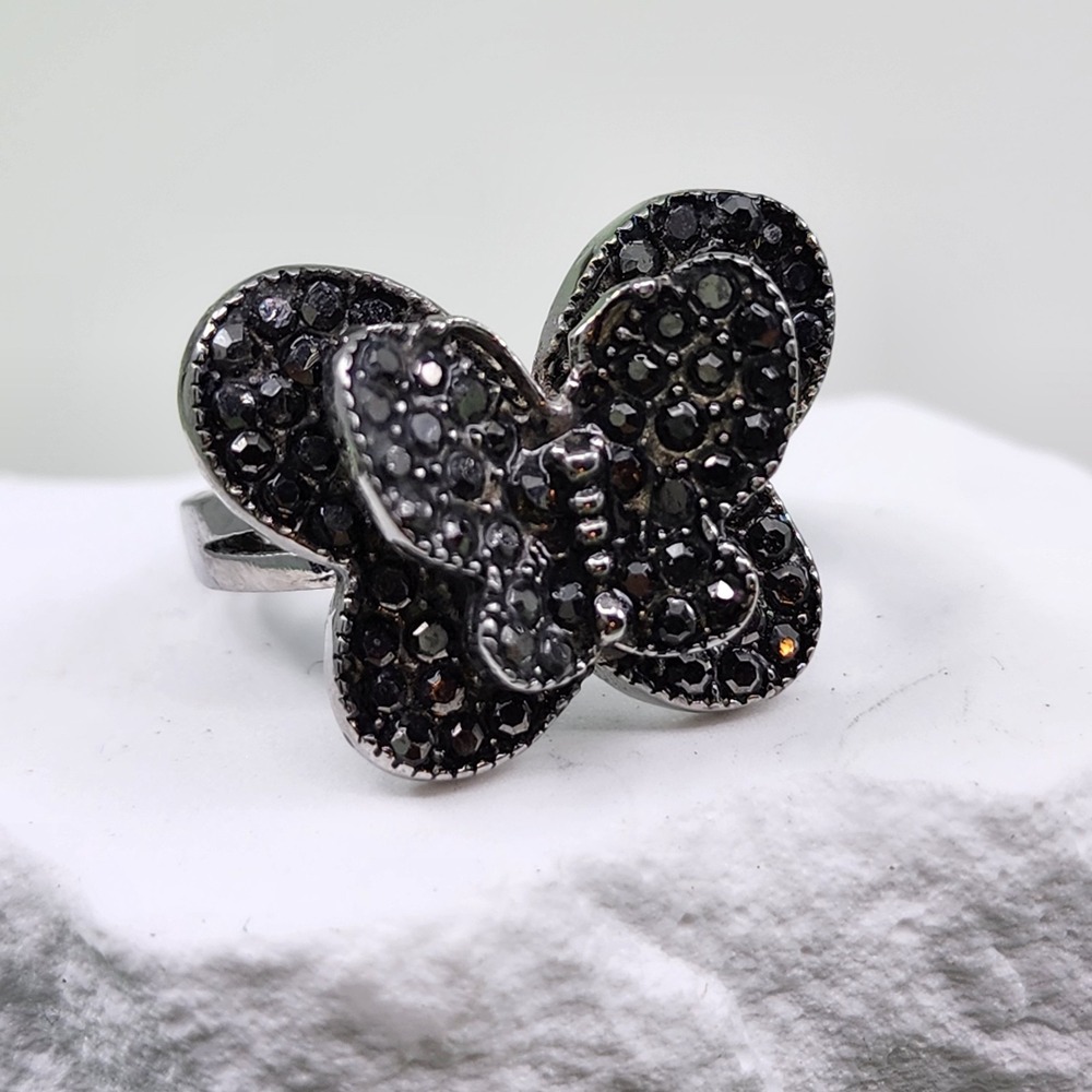 Black Rhinestone Butterfly Ring Silver Tone Statement Gothic Cocktail Sparkle 6